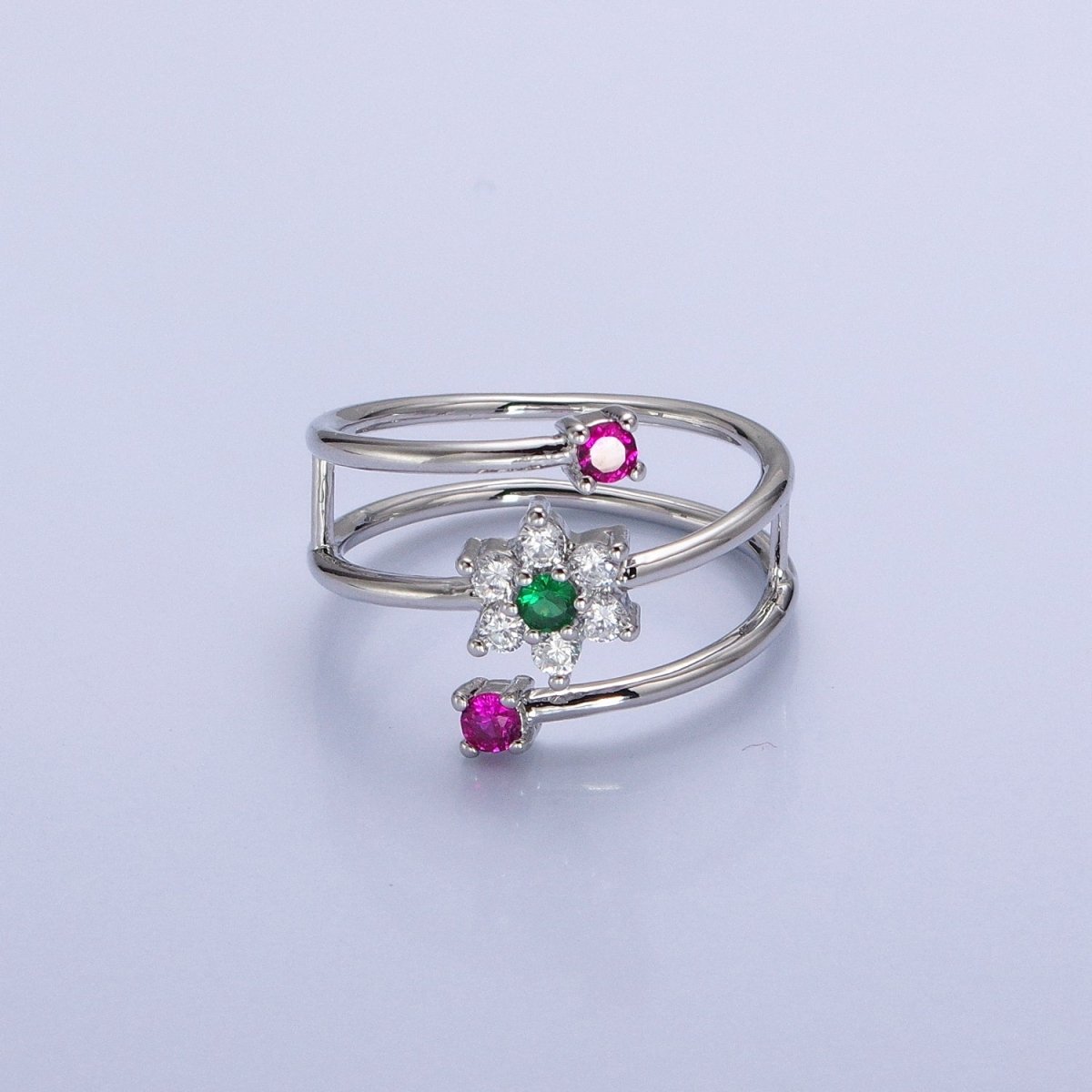 24K Gold Filled Green Clear Flower Fuchsia Round CZ Double Band Ring in Gold & Silver | O-1930 O-1931