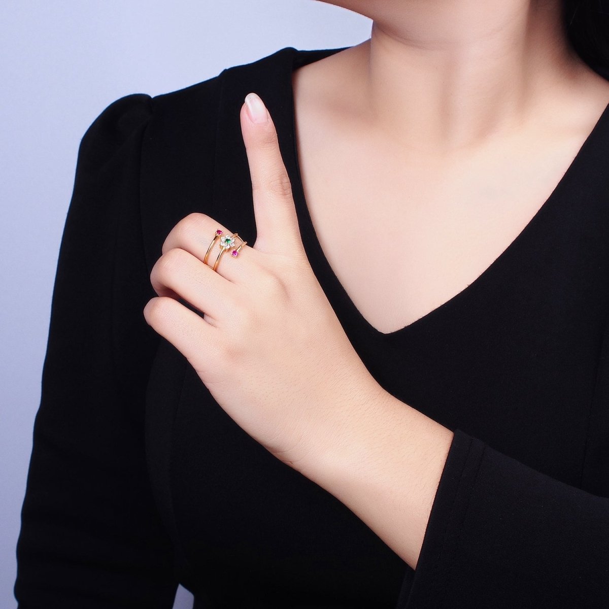 24K Gold Filled Green Clear Flower Fuchsia Round CZ Double Band Ring in Gold & Silver | O-1930 O-1931