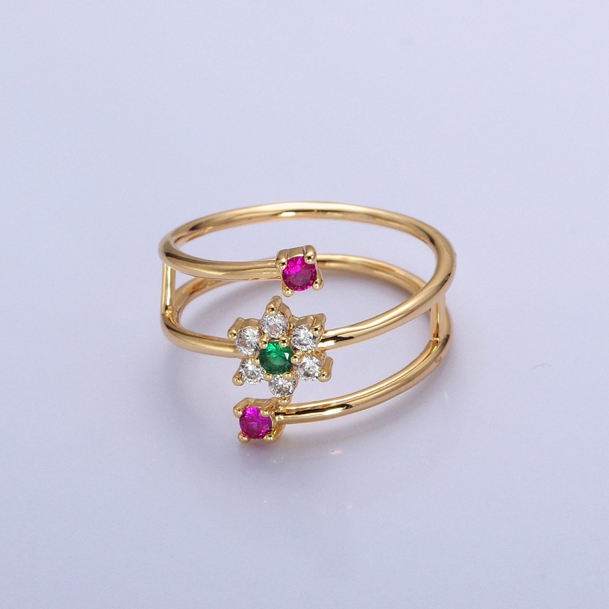 24K Gold Filled Green Clear Flower Fuchsia Round CZ Double Band Ring in Gold & Silver | O-1930 O-1931