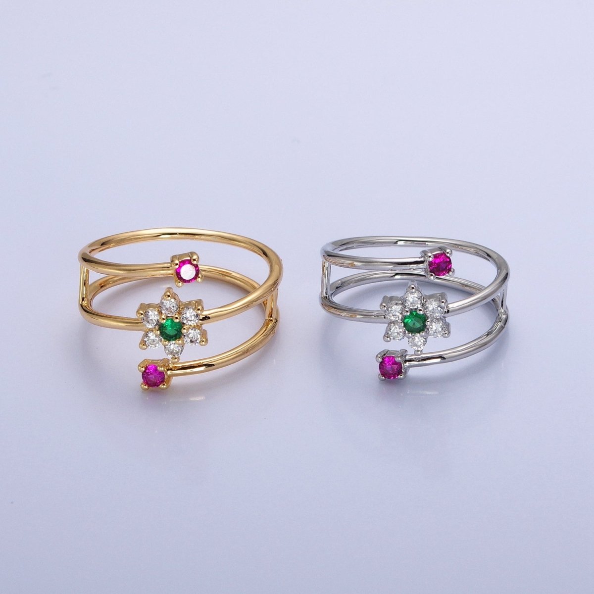 24K Gold Filled Green Clear Flower Fuchsia Round CZ Double Band Ring in Gold & Silver | O-1930 O-1931