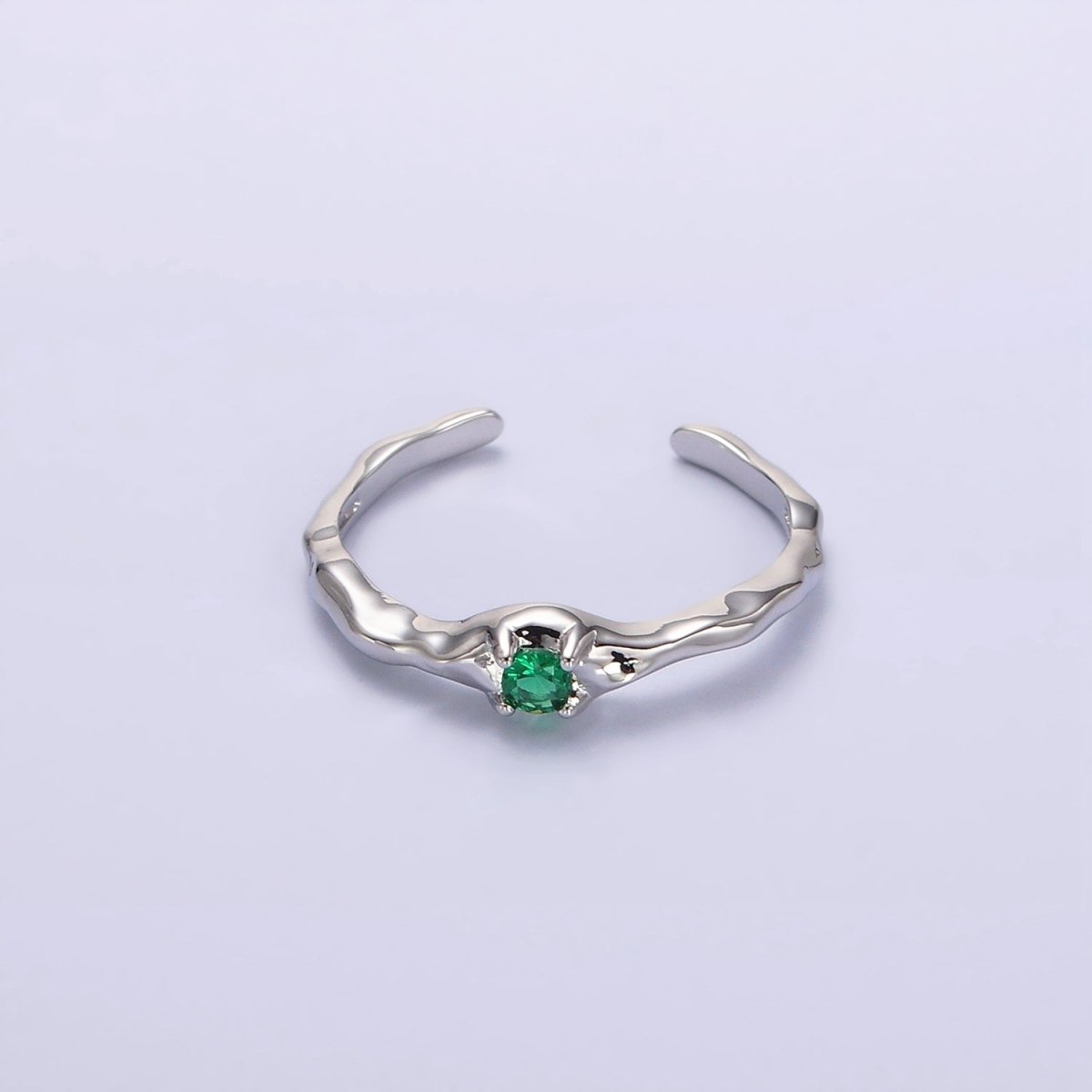 24K Gold Filled Green, Clear, Fuchsia CZ Solitaire Molten Ring in Silver & Gold | O-617 ~ O-622
