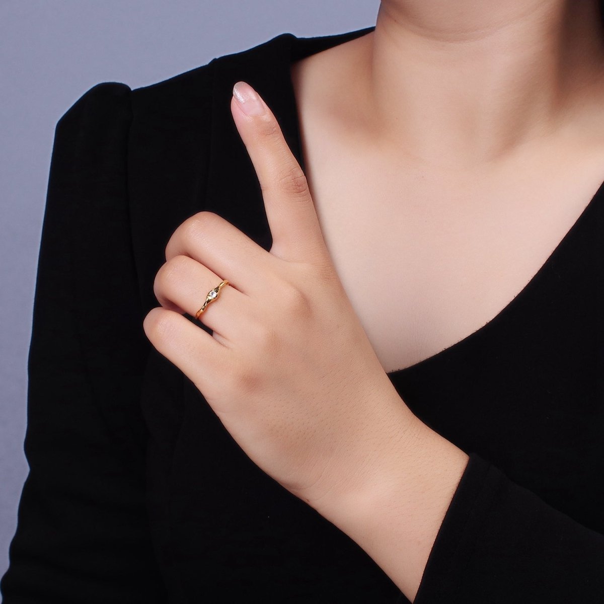 24K Gold Filled Green, Clear, Fuchsia CZ Solitaire Molten Ring in Silver & Gold | O-617 ~ O-622