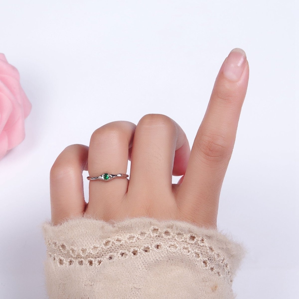 24K Gold Filled Green, Clear, Fuchsia CZ Solitaire Molten Ring in Silver & Gold | O-617 ~ O-622