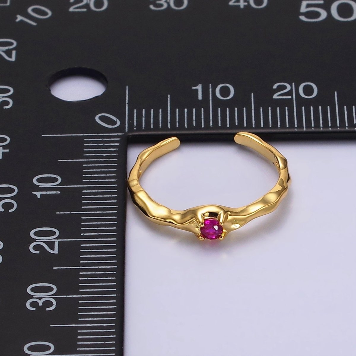 24K Gold Filled Green, Clear, Fuchsia CZ Solitaire Molten Ring in Silver & Gold | O-617 ~ O-622