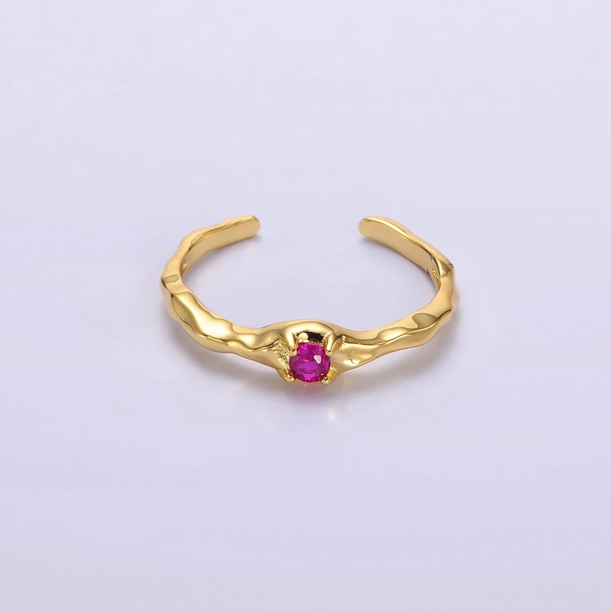 24K Gold Filled Green, Clear, Fuchsia CZ Solitaire Molten Ring in Silver & Gold | O-617 ~ O-622