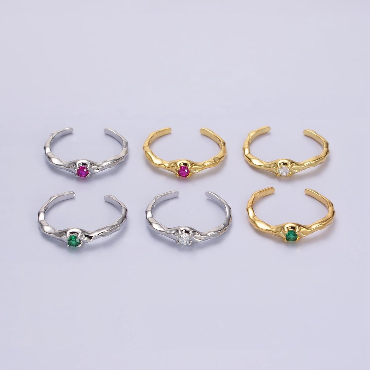 24K Gold Filled Green, Clear, Fuchsia CZ Solitaire Molten Ring in Silver & Gold | O-617 ~ O-622