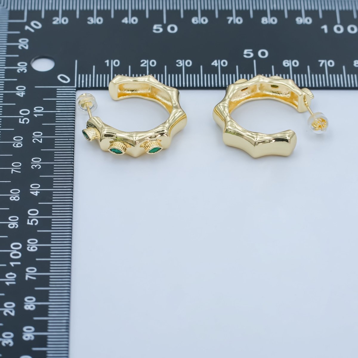 24K Gold Filled Green CZ Bamboo Edged C - Shaped Hoop Earrings | V532 - DLUXCA