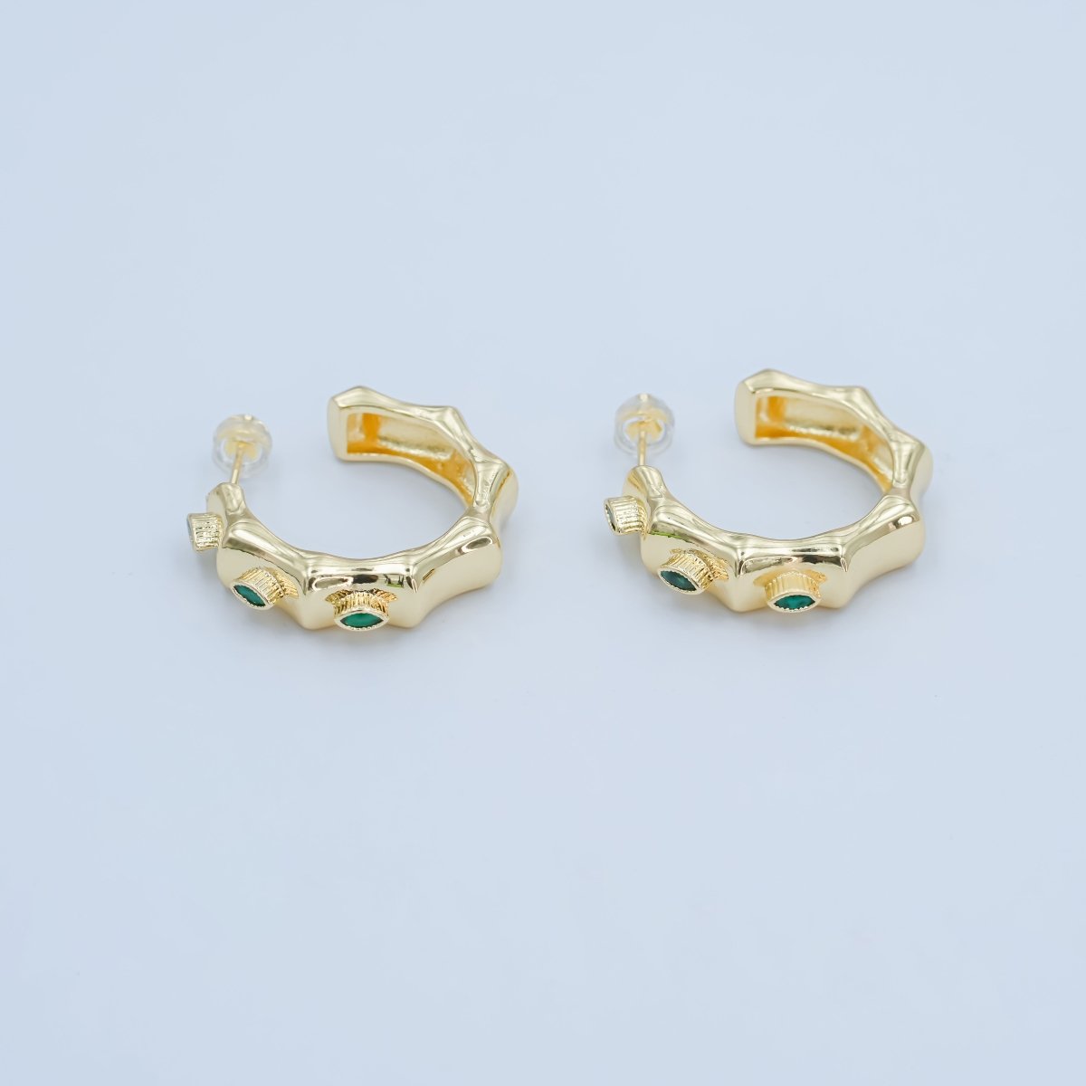 24K Gold Filled Green CZ Bamboo Edged C - Shaped Hoop Earrings | V532 - DLUXCA