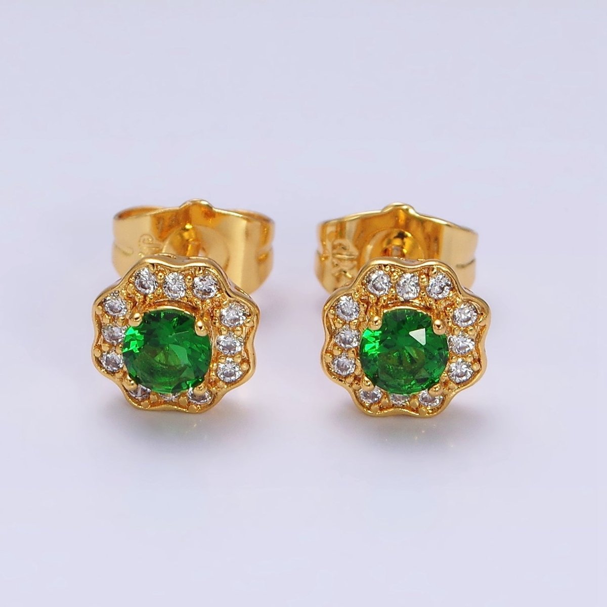 24K Gold Filled Green CZ Flower 8mm Stud Earrings | AD1428 - DLUXCA