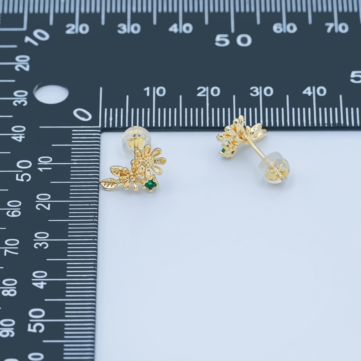 24K Gold Filled Green CZ Flower Leaf Stud Earrings | AI434 - DLUXCA