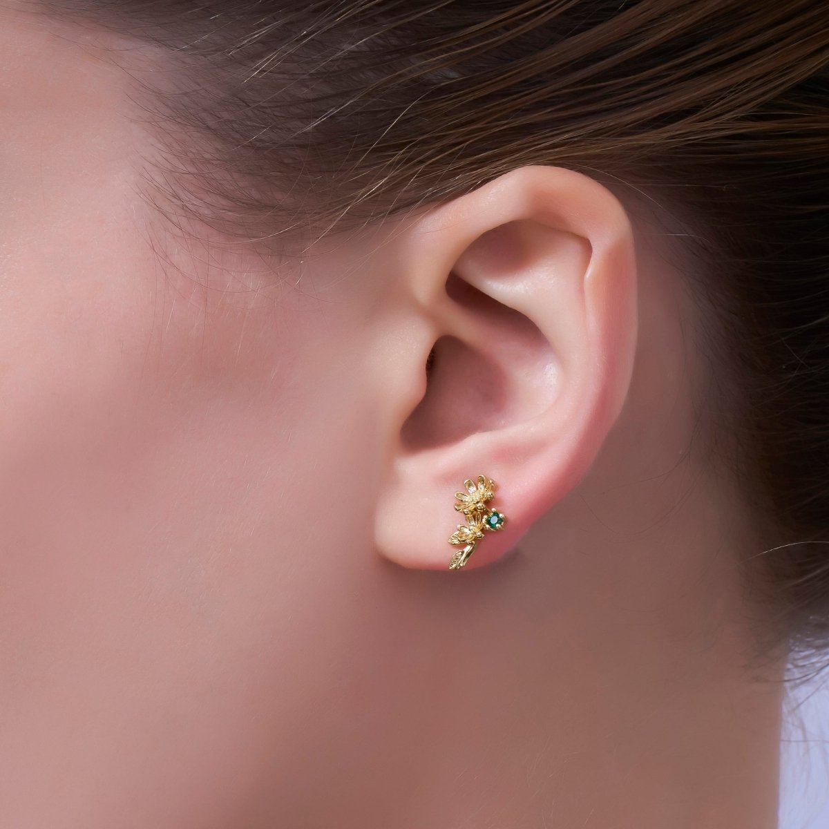 24K Gold Filled Green CZ Flower Leaf Stud Earrings | AI434 - DLUXCA