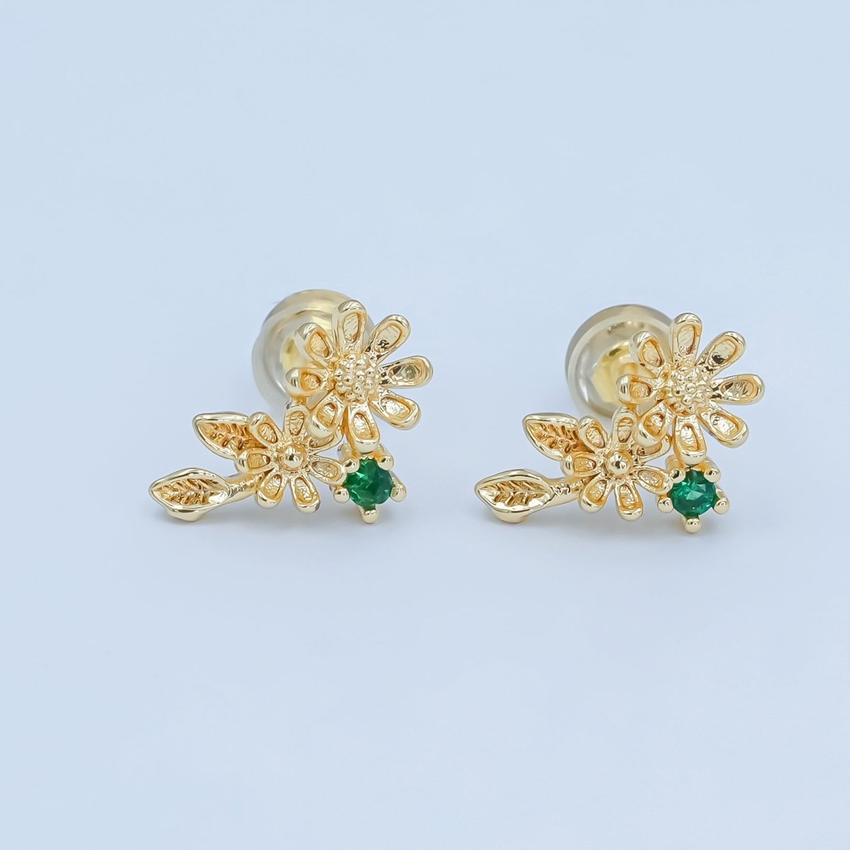 24K Gold Filled Green CZ Flower Leaf Stud Earrings | AI434 - DLUXCA