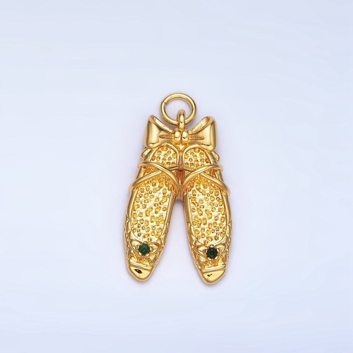 24K Gold Filled Green CZ Hammered Ribbon Ballet Dancing Shoes Charm in Gold & Silver | E339