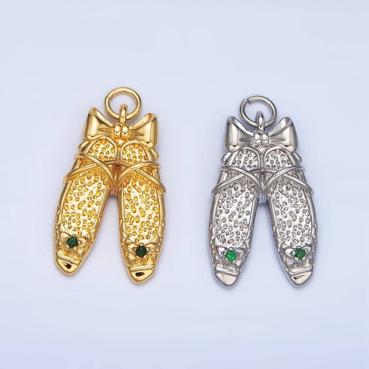 24K Gold Filled Green CZ Hammered Ribbon Ballet Dancing Shoes Charm in Gold & Silver | E339