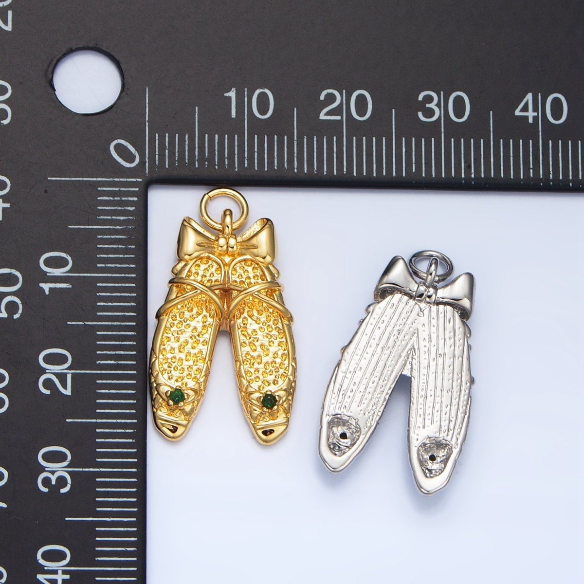 24K Gold Filled Green CZ Hammered Ribbon Ballet Dancing Shoes Charm in Gold & Silver | E339