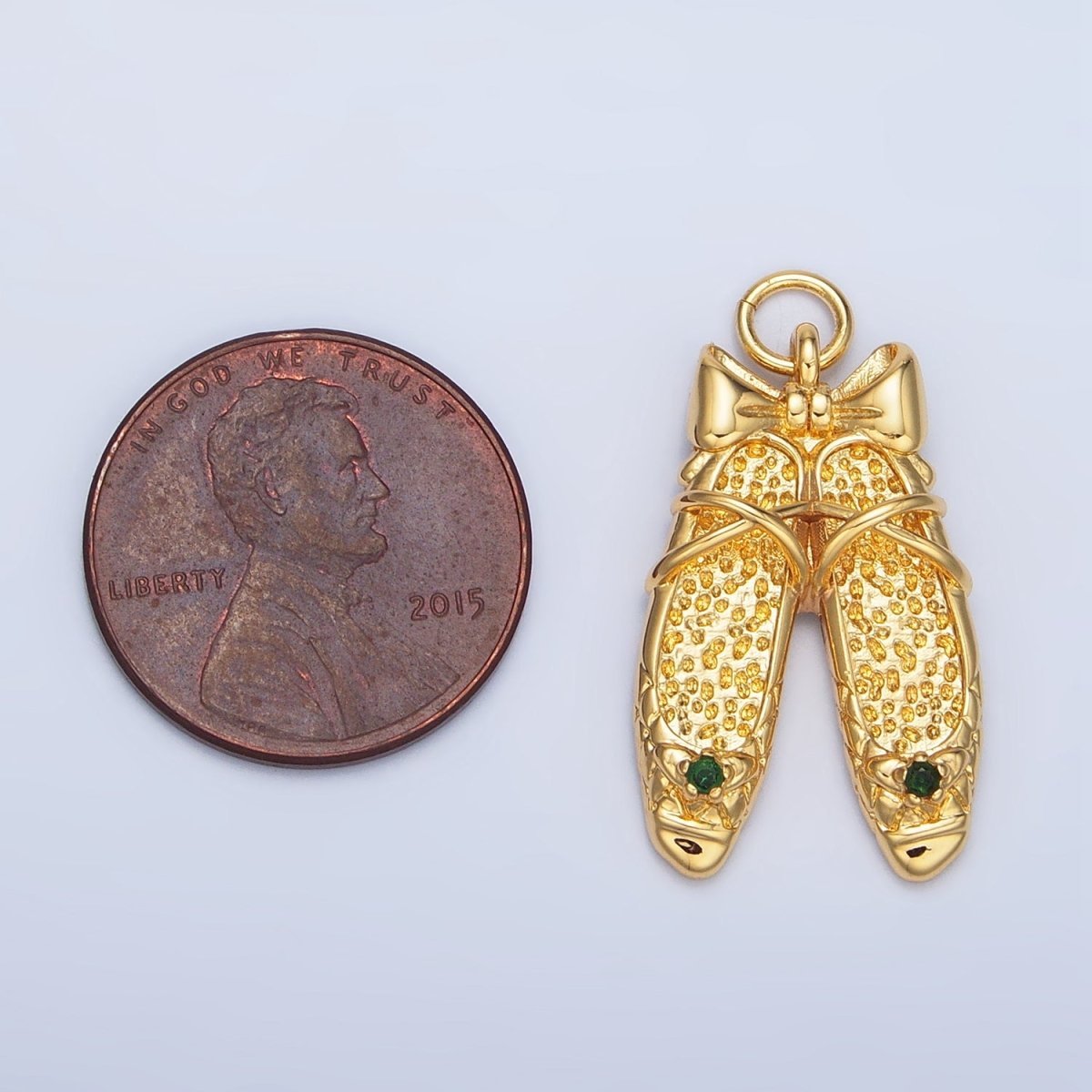 24K Gold Filled Green CZ Hammered Ribbon Ballet Dancing Shoes Charm in Gold & Silver | E339
