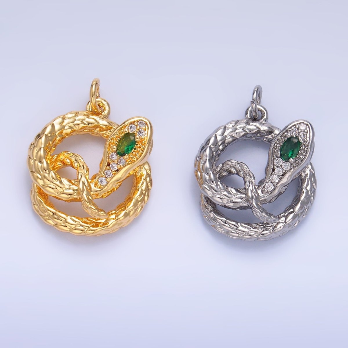 24K Gold Filled Green CZ Micro Paved Circular Snake Serpent Animal Charm in Gold & Silver | W365