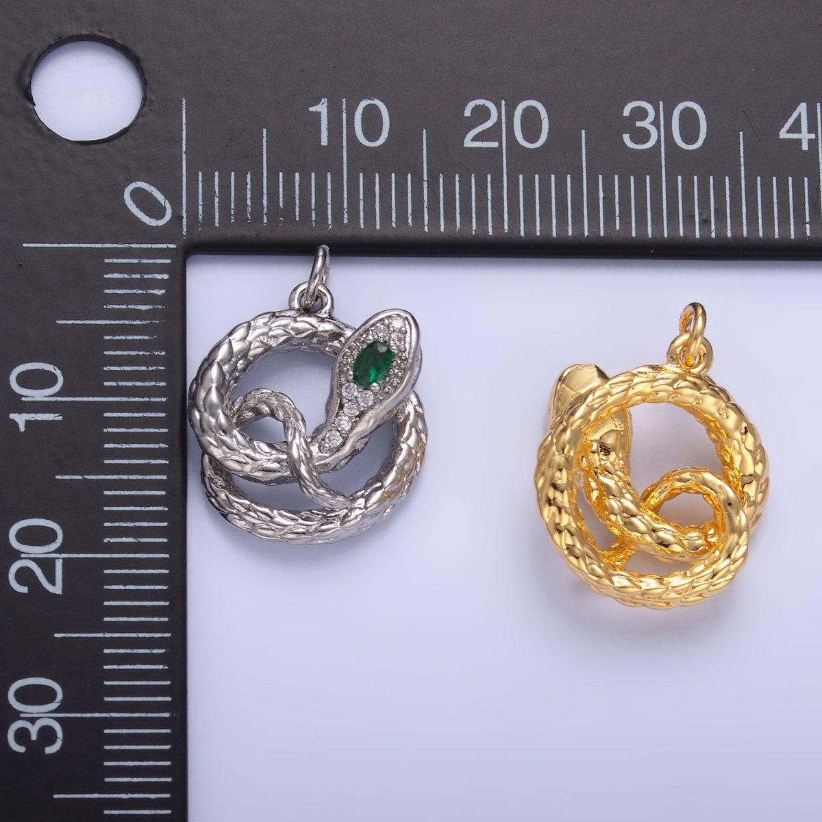 24K Gold Filled Green CZ Micro Paved Circular Snake Serpent Animal Charm in Gold & Silver | W365