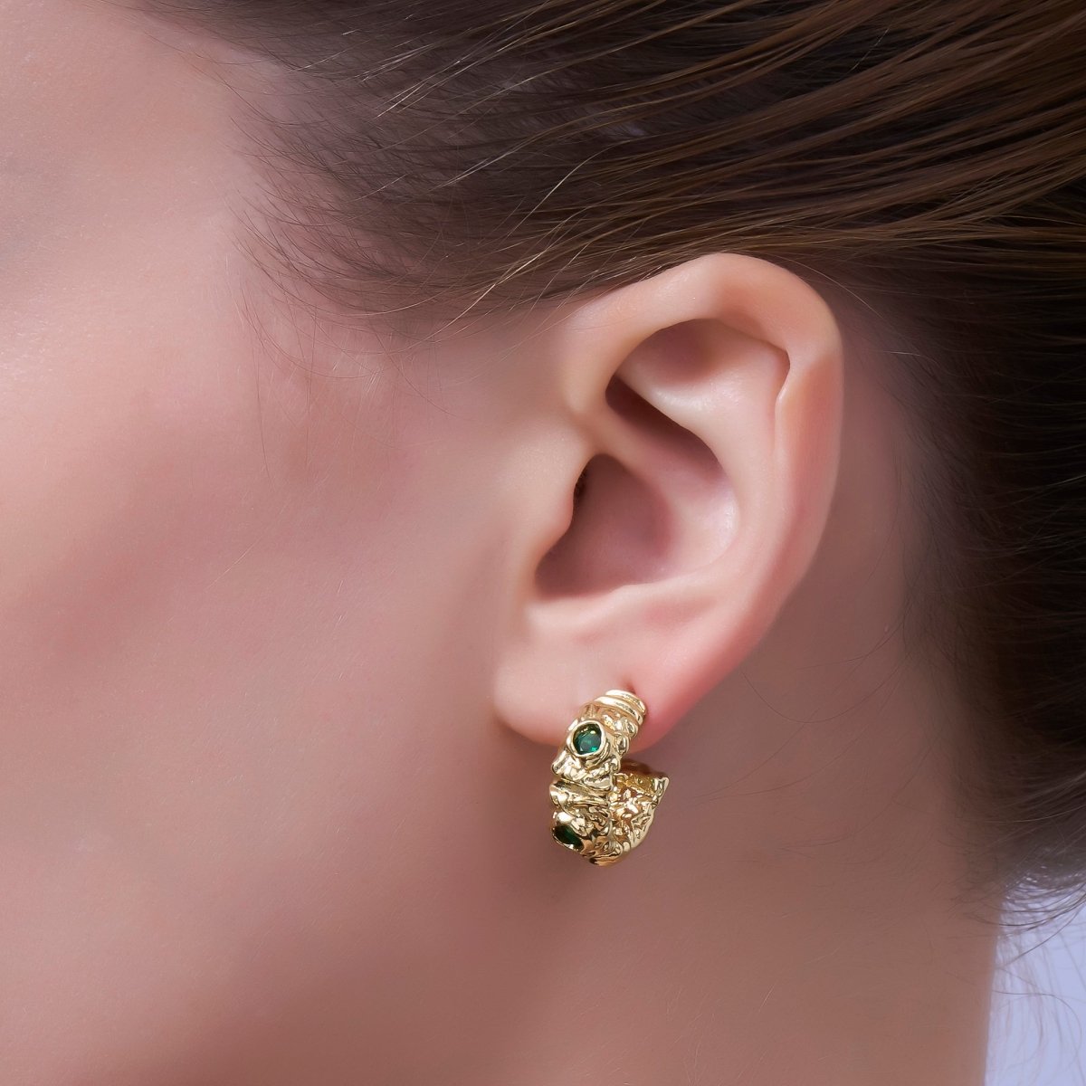 24K Gold Filled Green CZ Molten C - Shaped Hoop Earrings | AI435 - DLUXCA