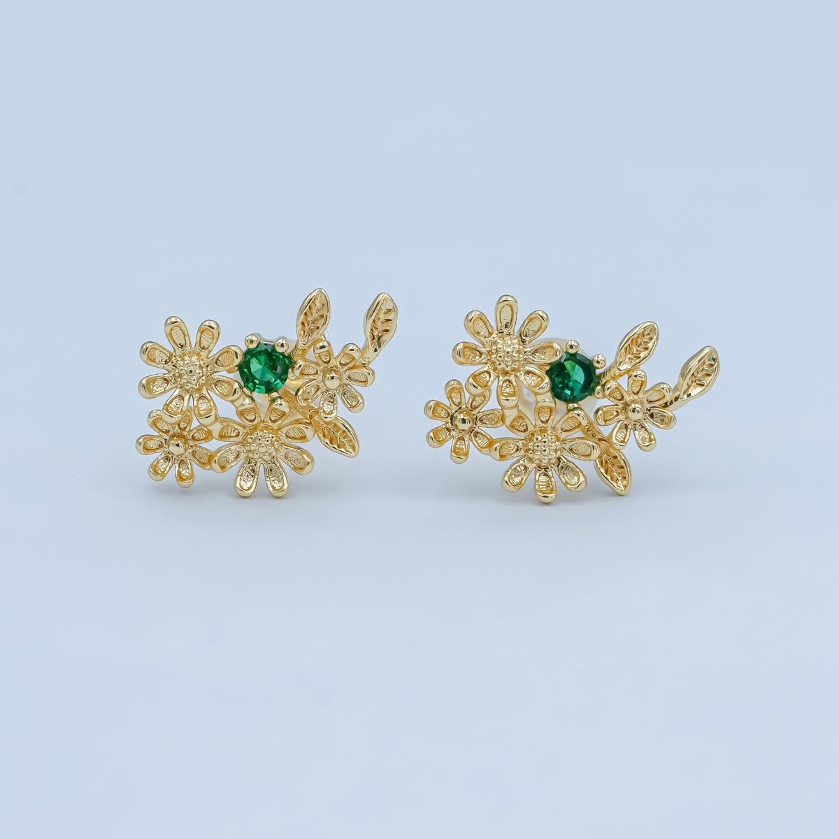 24K Gold Filled Green CZ Multiple Flower Leaf Stud Earrings | AI430 - DLUXCA
