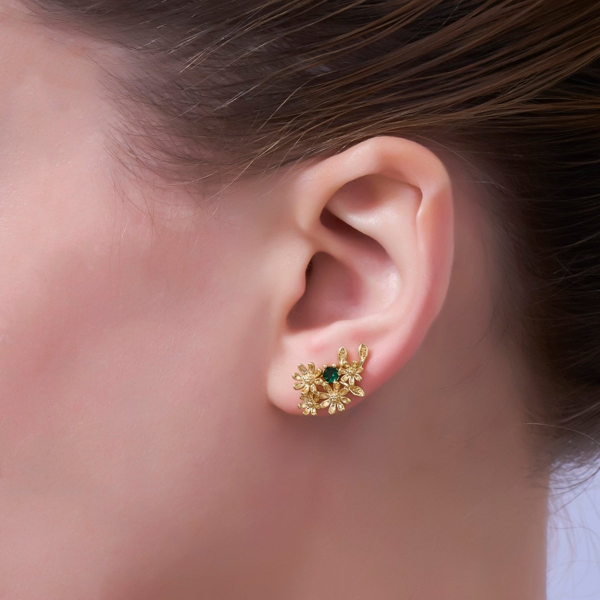24K Gold Filled Green CZ Multiple Flower Leaf Stud Earrings | AI430 - DLUXCA