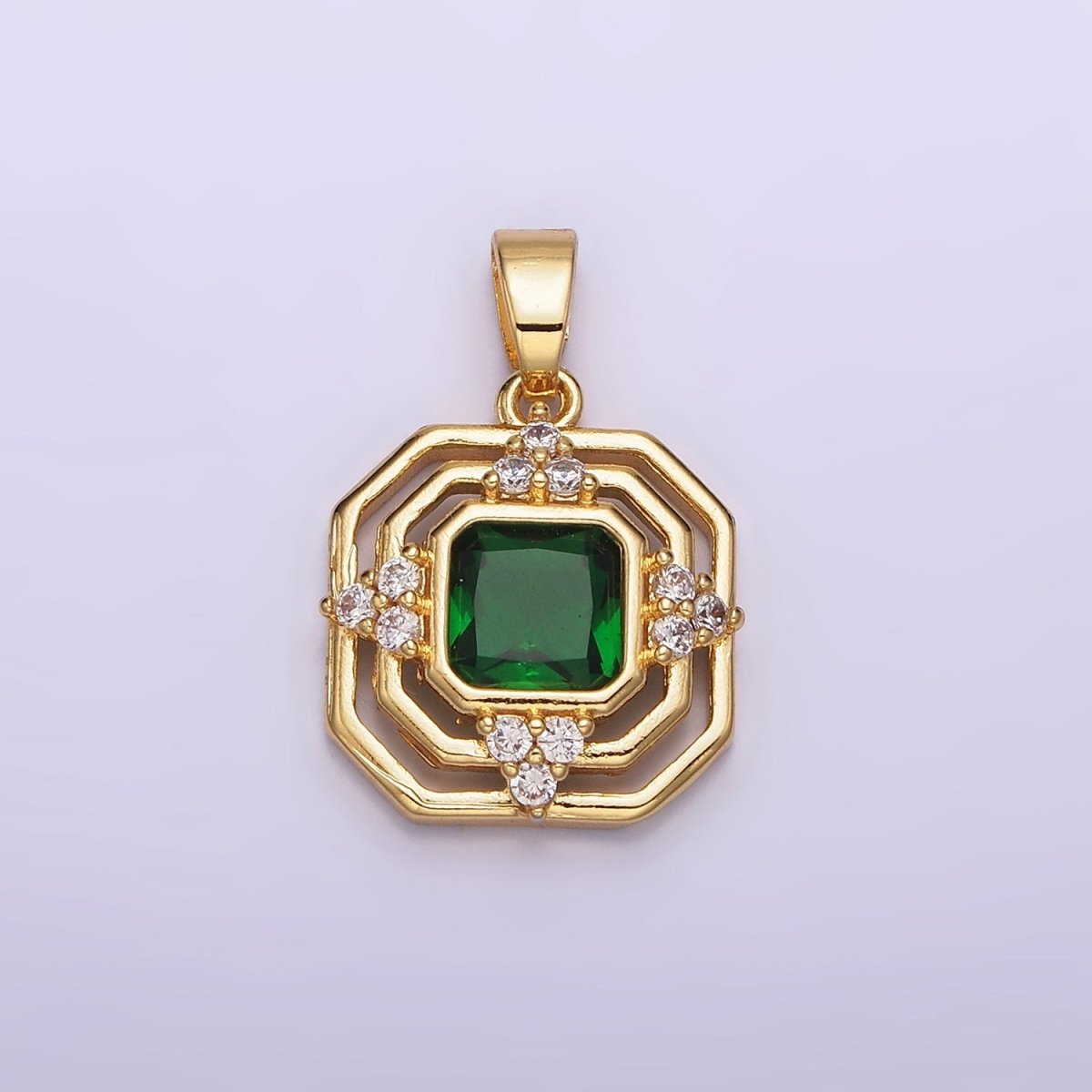 24K Gold Filled Green CZ Triangle Triple Frame Hexagonal Pendant | AA566 - DLUXCA
