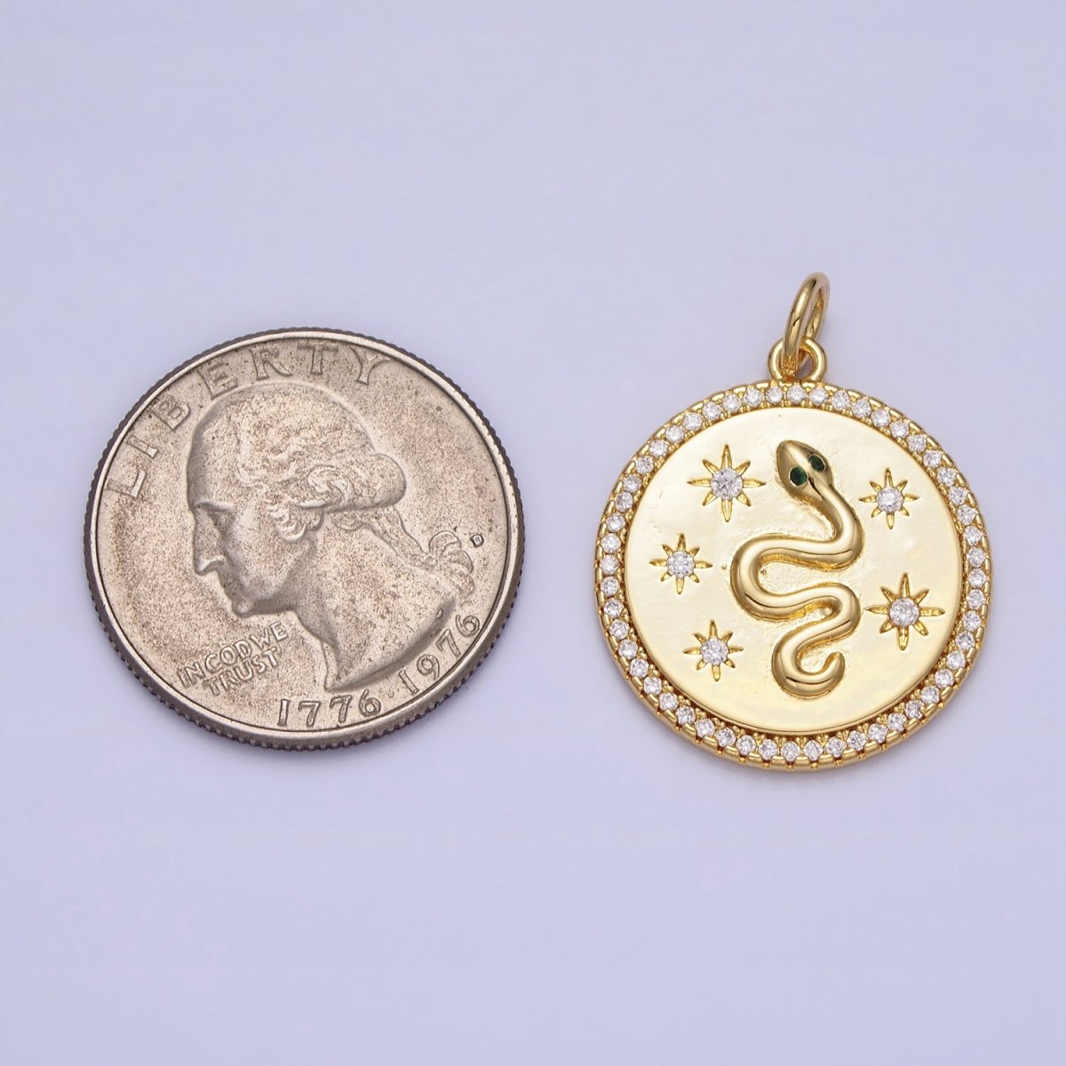 24K Gold Filled Green-Eyed Snake Celestial Star Sun Clear Micro Paved CZ Round Charm | AC376 - DLUXCA