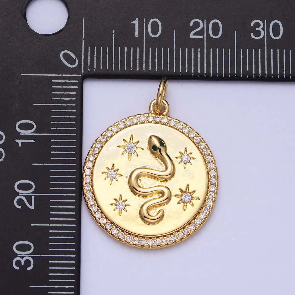 24K Gold Filled Green-Eyed Snake Celestial Star Sun Clear Micro Paved CZ Round Charm | AC376 - DLUXCA
