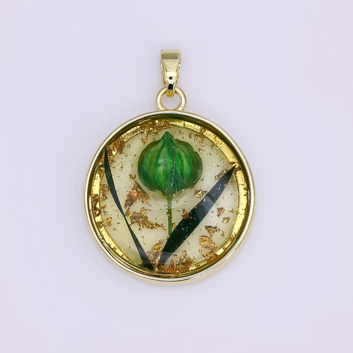 24K Gold Filled Green Flower Gold Foil Acrylic Round Pendant | AA1508 - DLUXCA