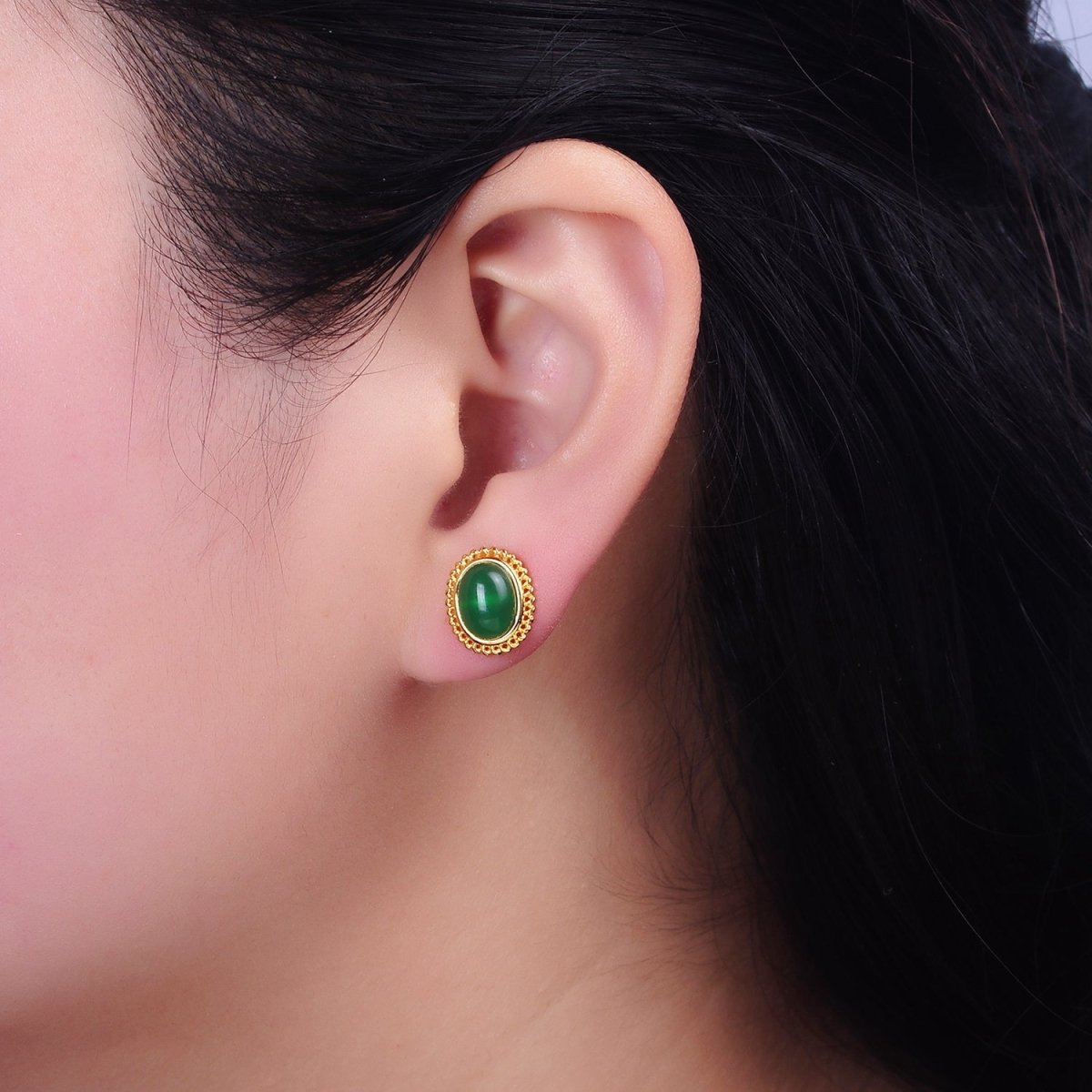 24K Gold Filled Green Jade Cabochon Rounded Stud Earrings | AD1429 - DLUXCA