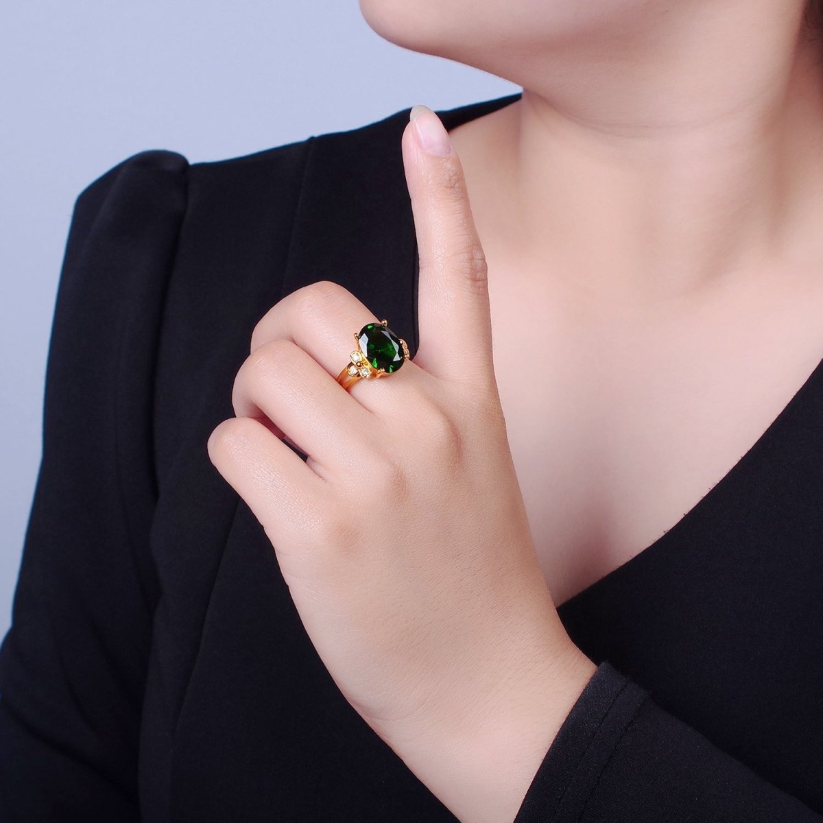 24K Gold Filled Green Jade/Cubic Zirconia Double Band Adjustable Ring, O-2298, O-765