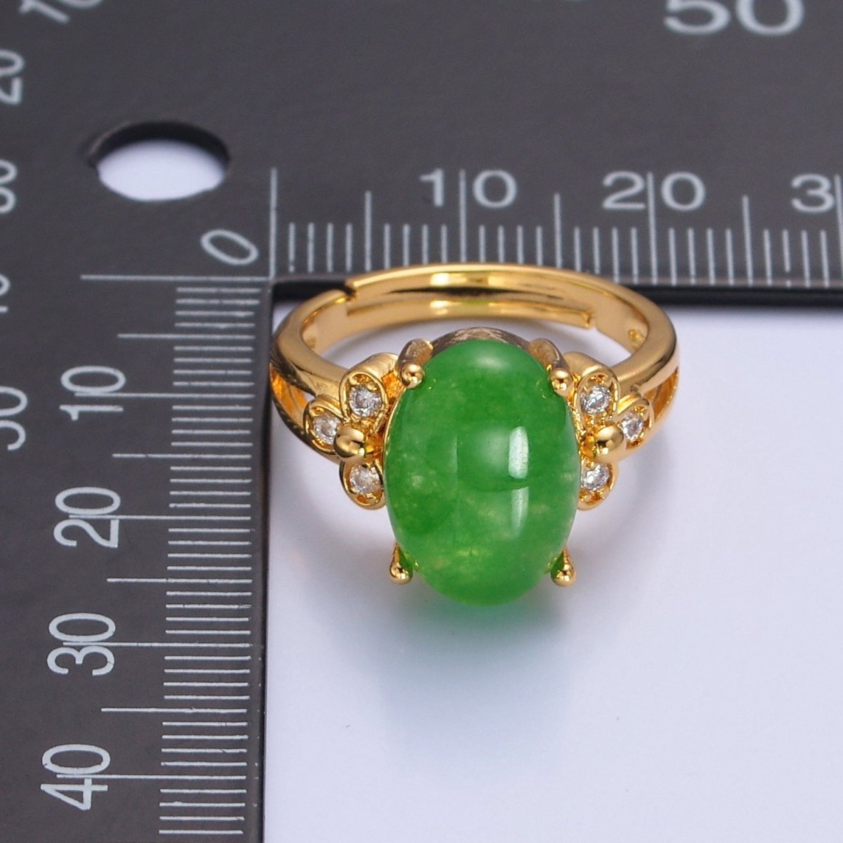 24K Gold Filled Green Jade/Cubic Zirconia Double Band Adjustable Ring, O-2298, O-765