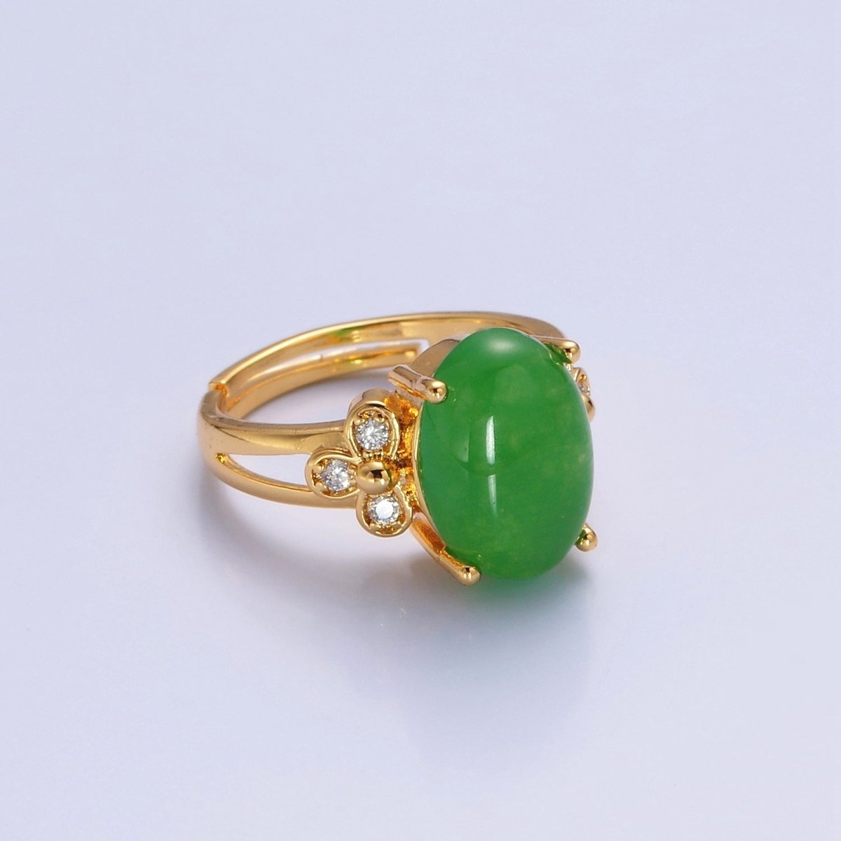 24K Gold Filled Green Jade/Cubic Zirconia Double Band Adjustable Ring, O-2298, O-765