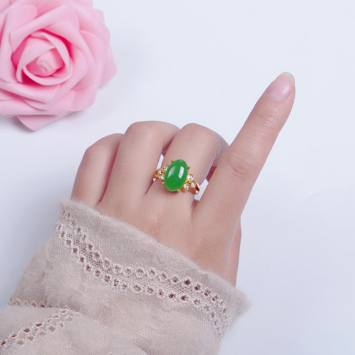 24K Gold Filled Green Jade/Cubic Zirconia Double Band Adjustable Ring, O-2298, O-765