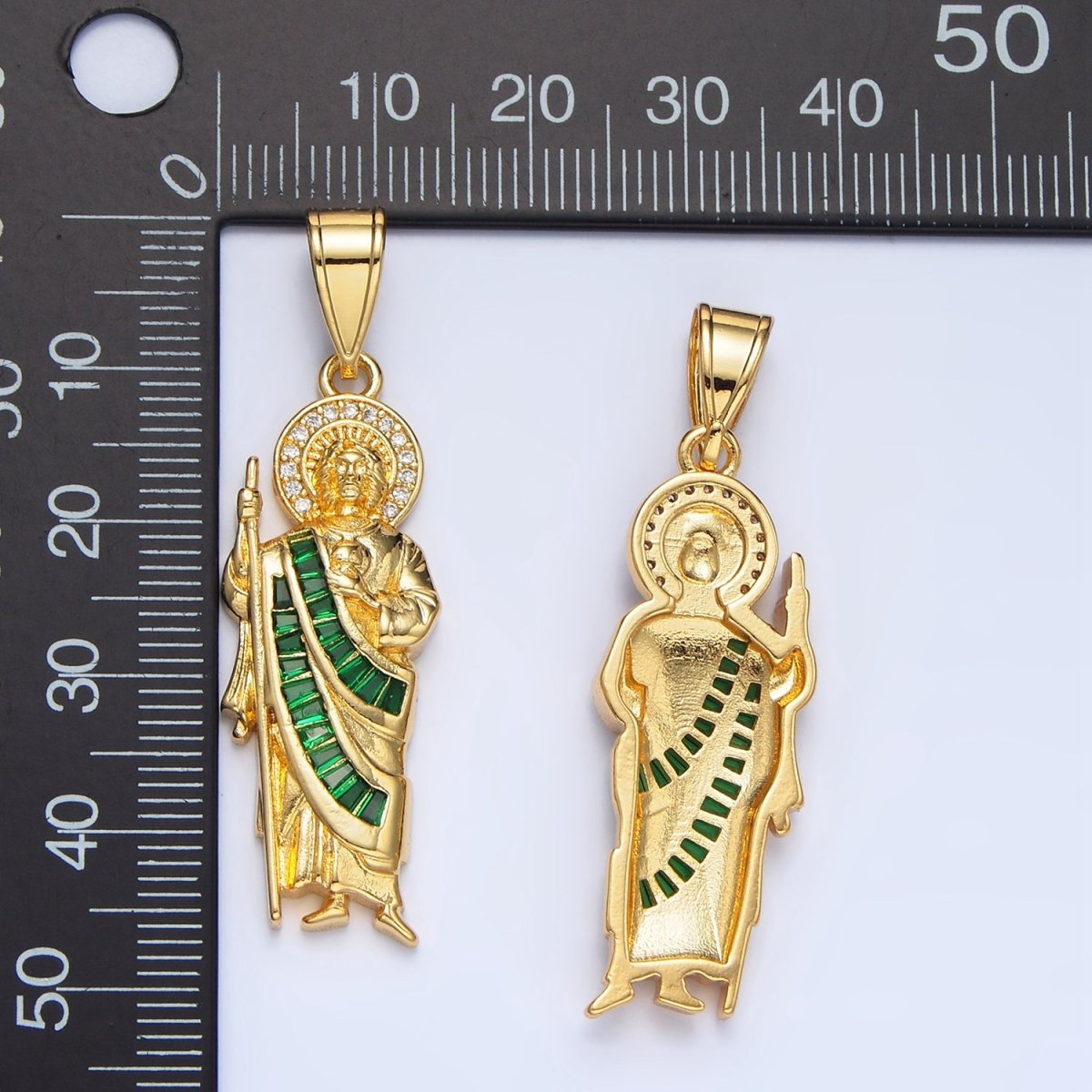 24K Gold Filled Green Micro Paved Baguette CZ Saint Jude Religious Figure Pendant | AA895 - AA897