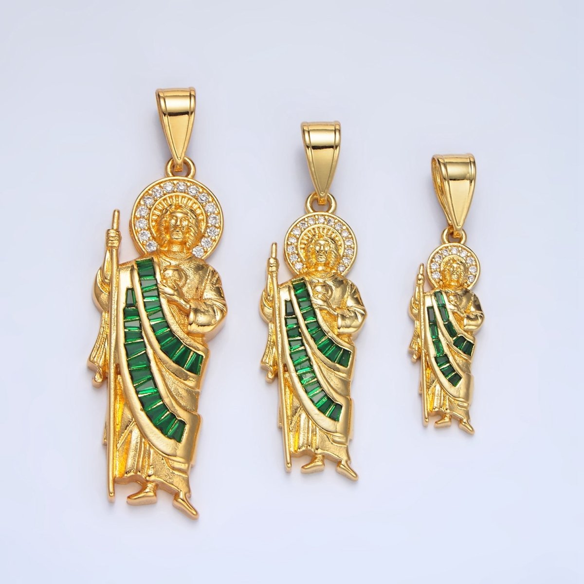 24K Gold Filled Green Micro Paved Baguette CZ Saint Jude Religious Figure Pendant | AA895 - AA897