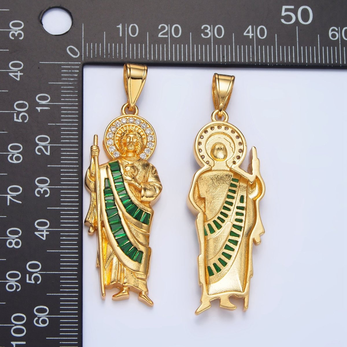 24K Gold Filled Green Micro Paved Baguette CZ Saint Jude Religious Figure Pendant | AA895 - AA897