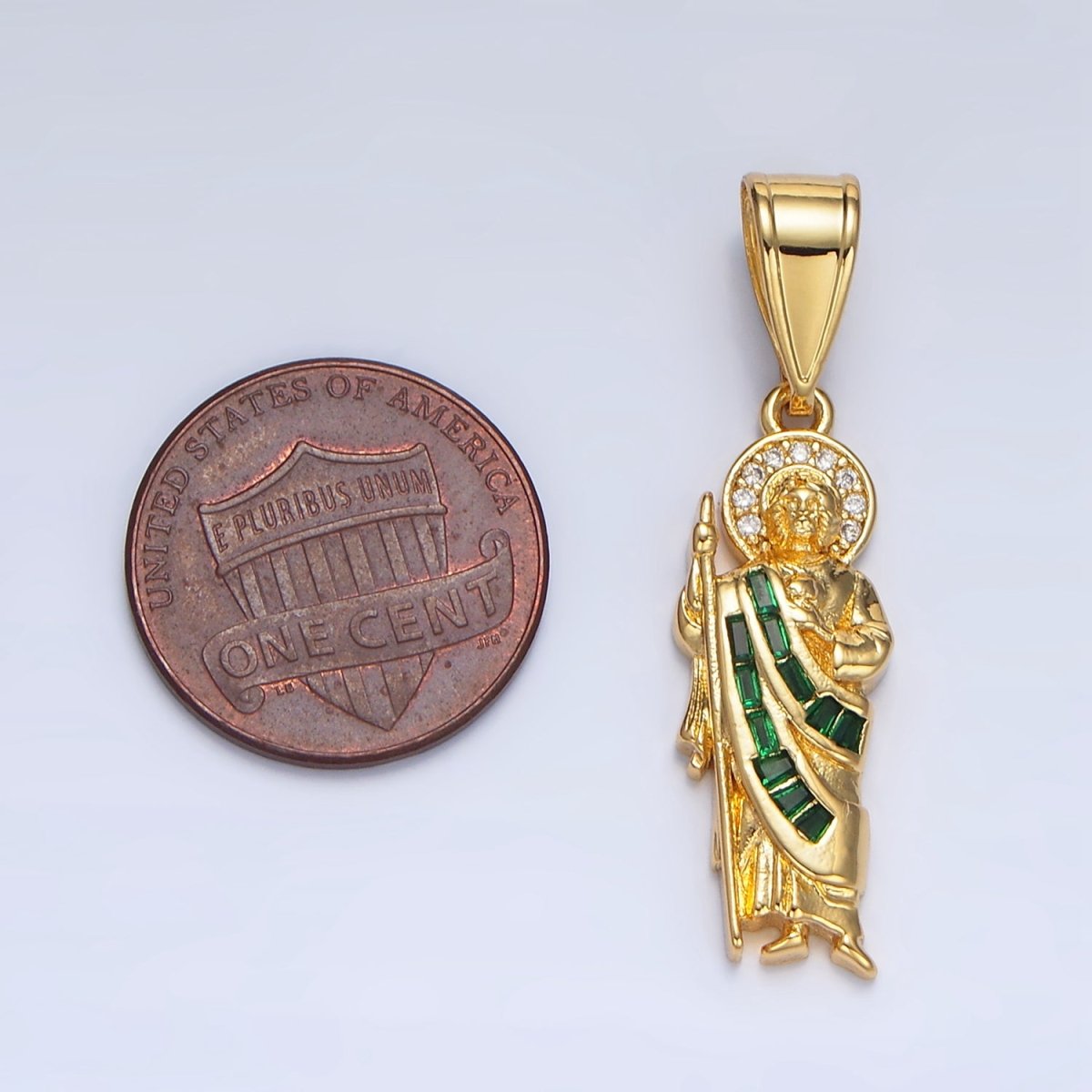 24K Gold Filled Green Micro Paved Baguette CZ Saint Jude Religious Figure Pendant | AA895 - AA897