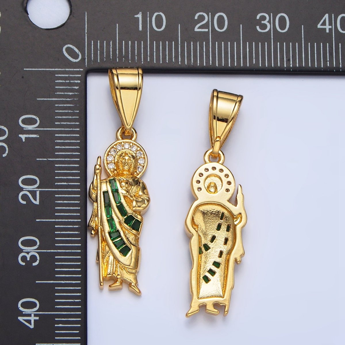 24K Gold Filled Green Micro Paved Baguette CZ Saint Jude Religious Figure Pendant | AA895 - AA897