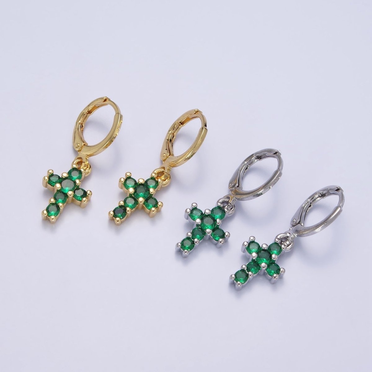 24K Gold Filled Green Micro Paved CZ Drop Huggie Earrings in Gold & Silver | AB621 AB622