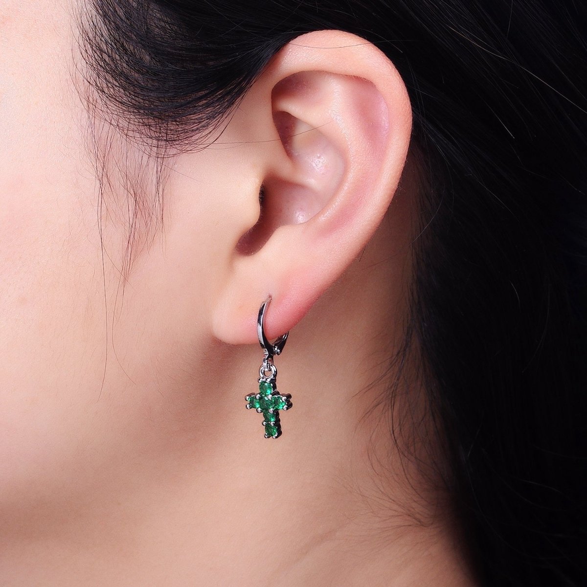 24K Gold Filled Green Micro Paved CZ Drop Huggie Earrings in Gold & Silver | AB621 AB622