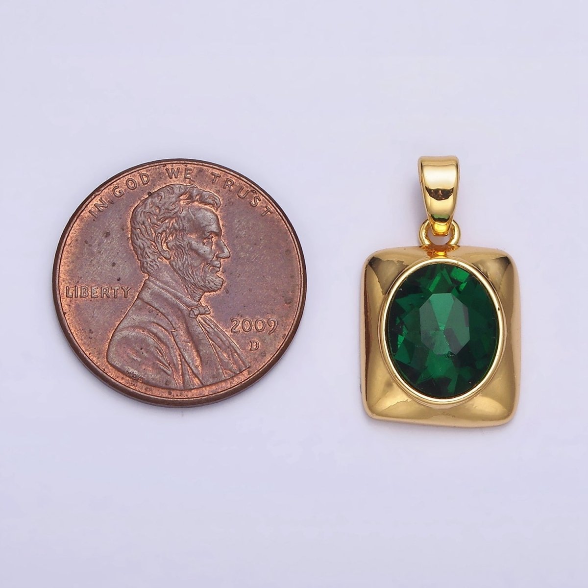 24K Gold Filled Green Oval CZ Multifaceted Square Pendant | AA581 - DLUXCA