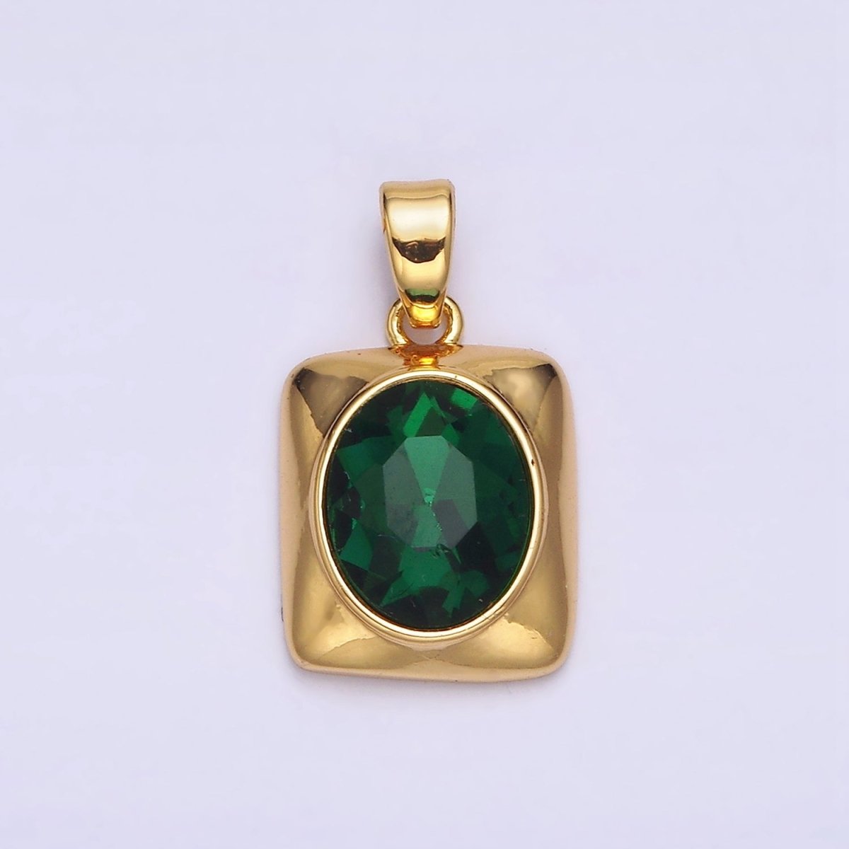 24K Gold Filled Green Oval CZ Multifaceted Square Pendant | AA581 - DLUXCA