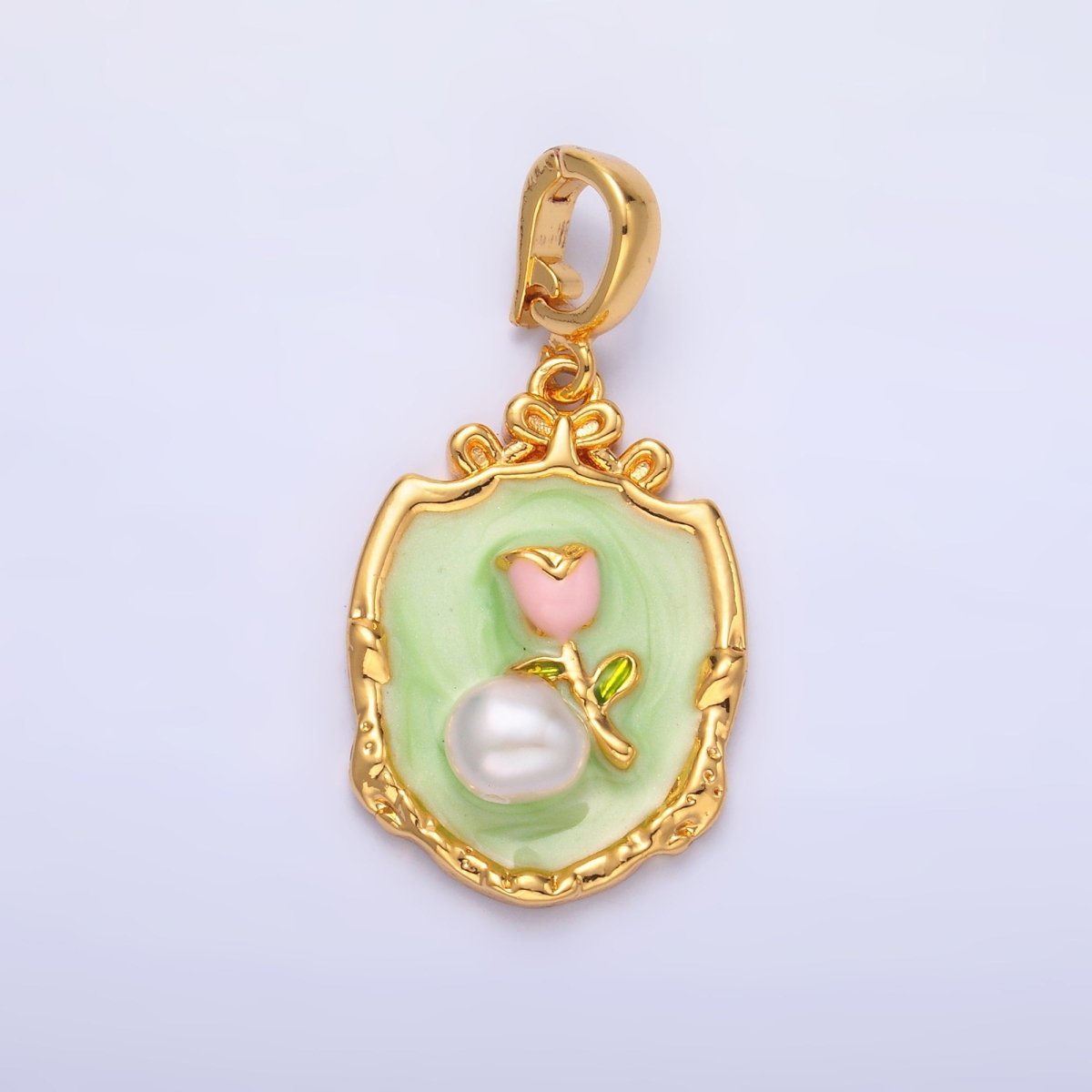 24K Gold Filled Green Pink Rose Flower With Pearl Snap Bail Pendant | AA1462 - DLUXCA