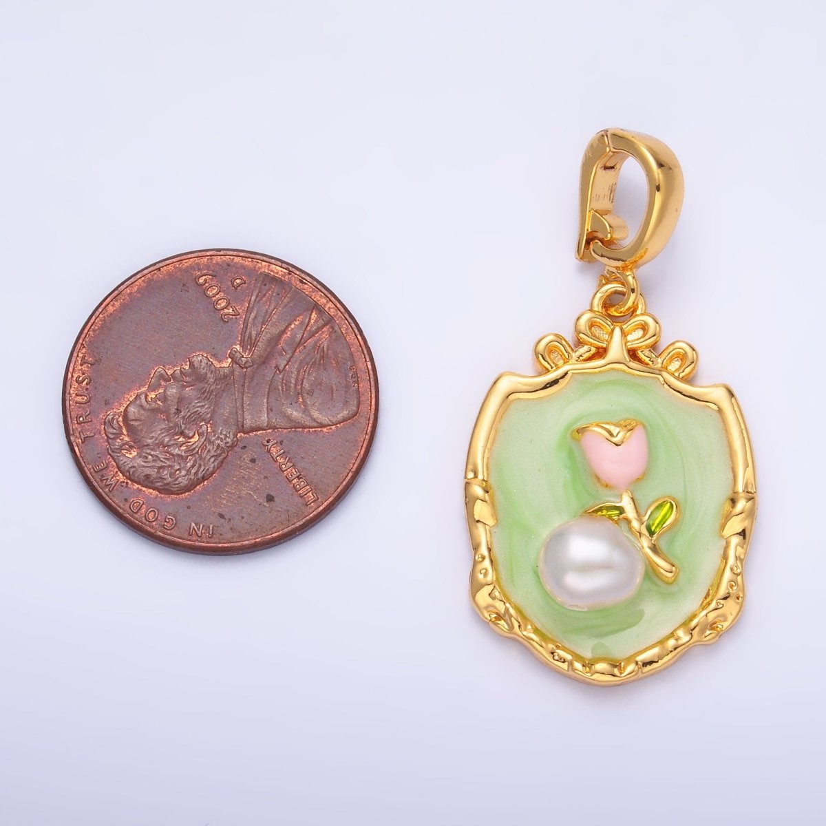 24K Gold Filled Green Pink Rose Flower With Pearl Snap Bail Pendant | AA1462 - DLUXCA