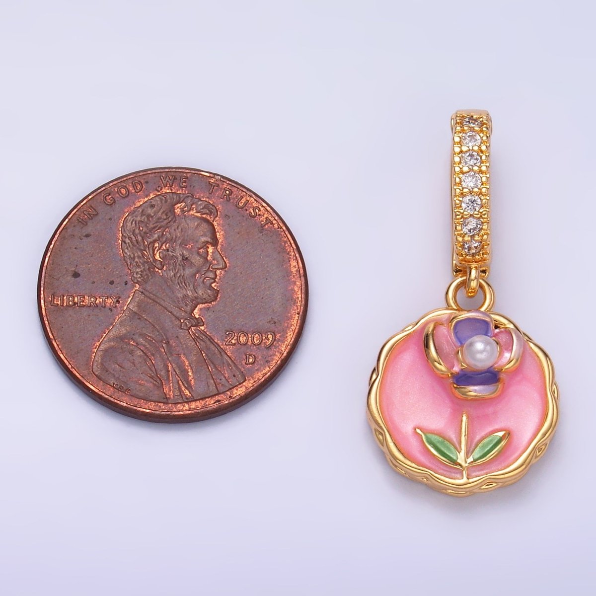 24K Gold Filled Green, Purple, Pink Daisy Flower Micro Paved CZ Snap Bail Pendant | AA1442 AA1443