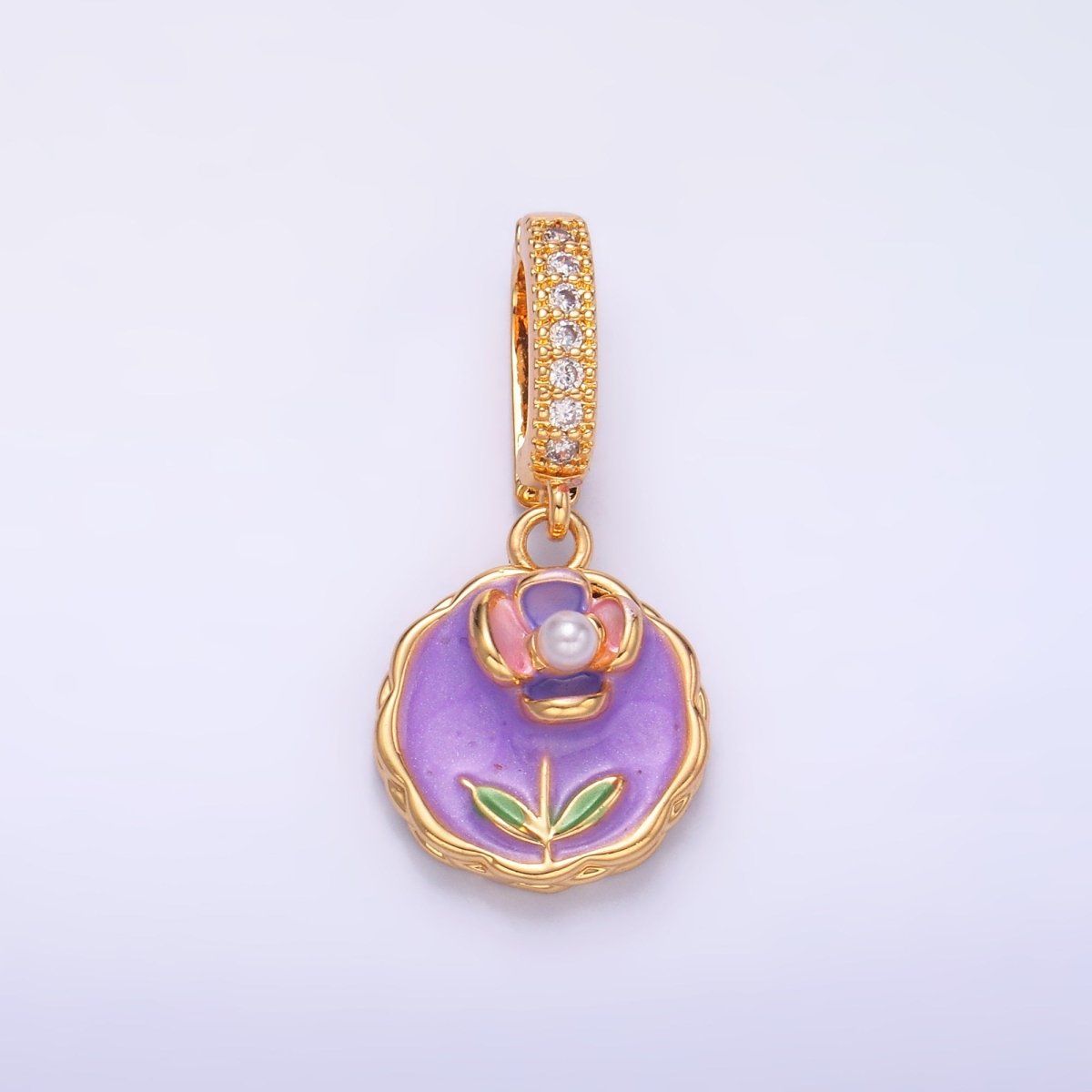 24K Gold Filled Green, Purple, Pink Daisy Flower Micro Paved CZ Snap Bail Pendant | AA1442 AA1443