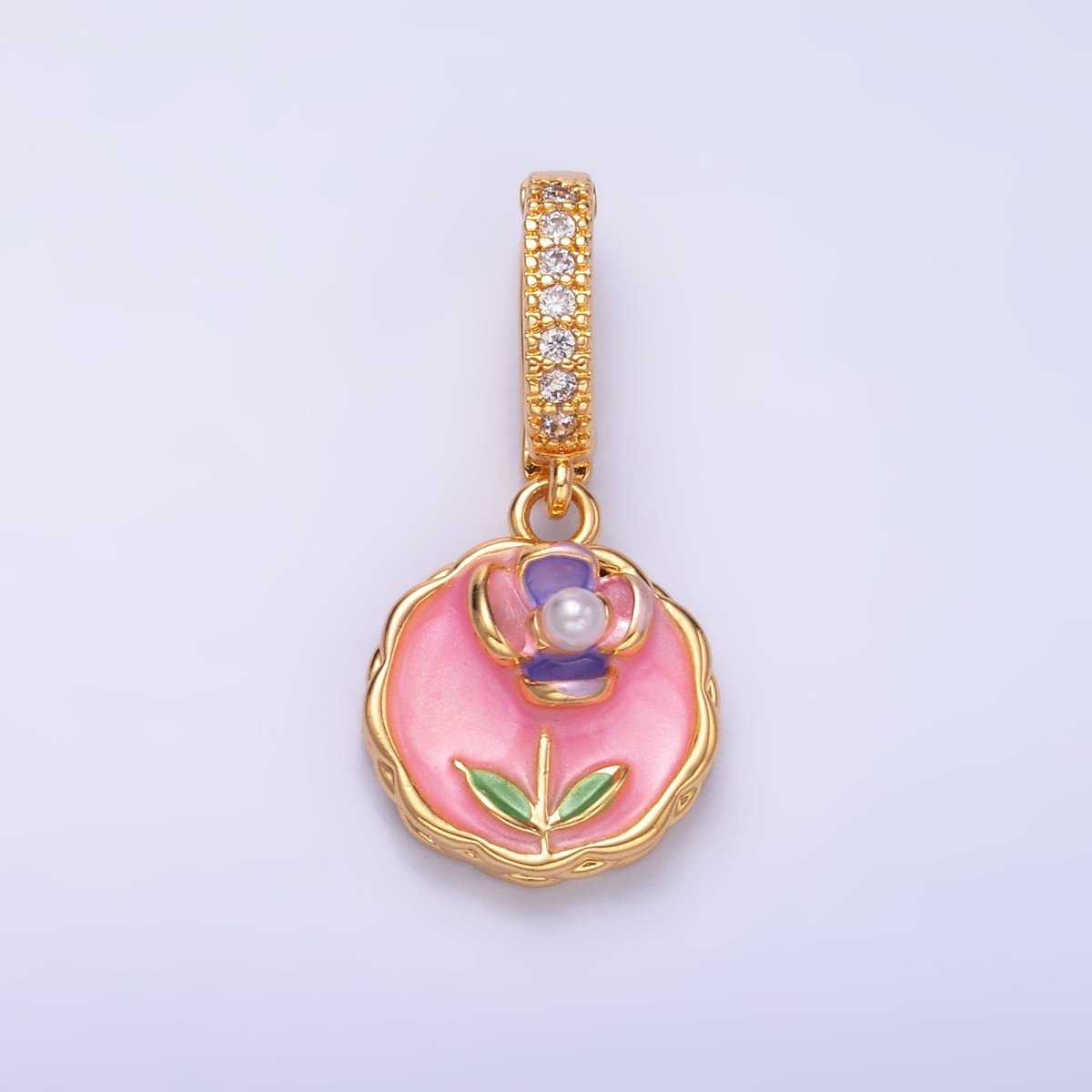 24K Gold Filled Green, Purple, Pink Daisy Flower Micro Paved CZ Snap Bail Pendant | AA1442 AA1443