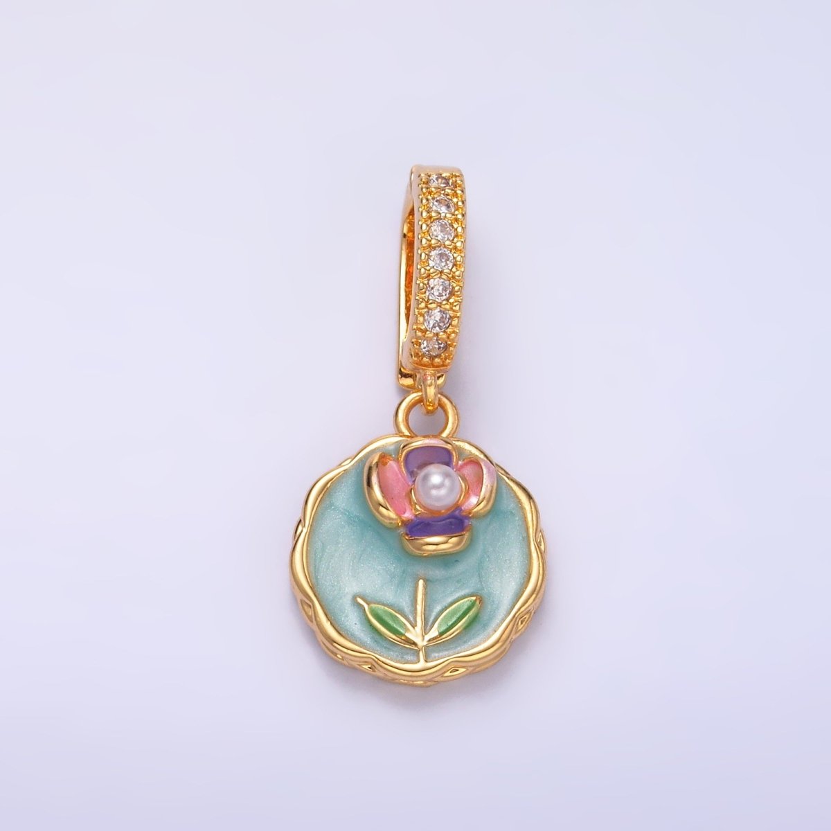 24K Gold Filled Green, Purple, Pink Daisy Flower Micro Paved CZ Snap Bail Pendant | AA1442 AA1443