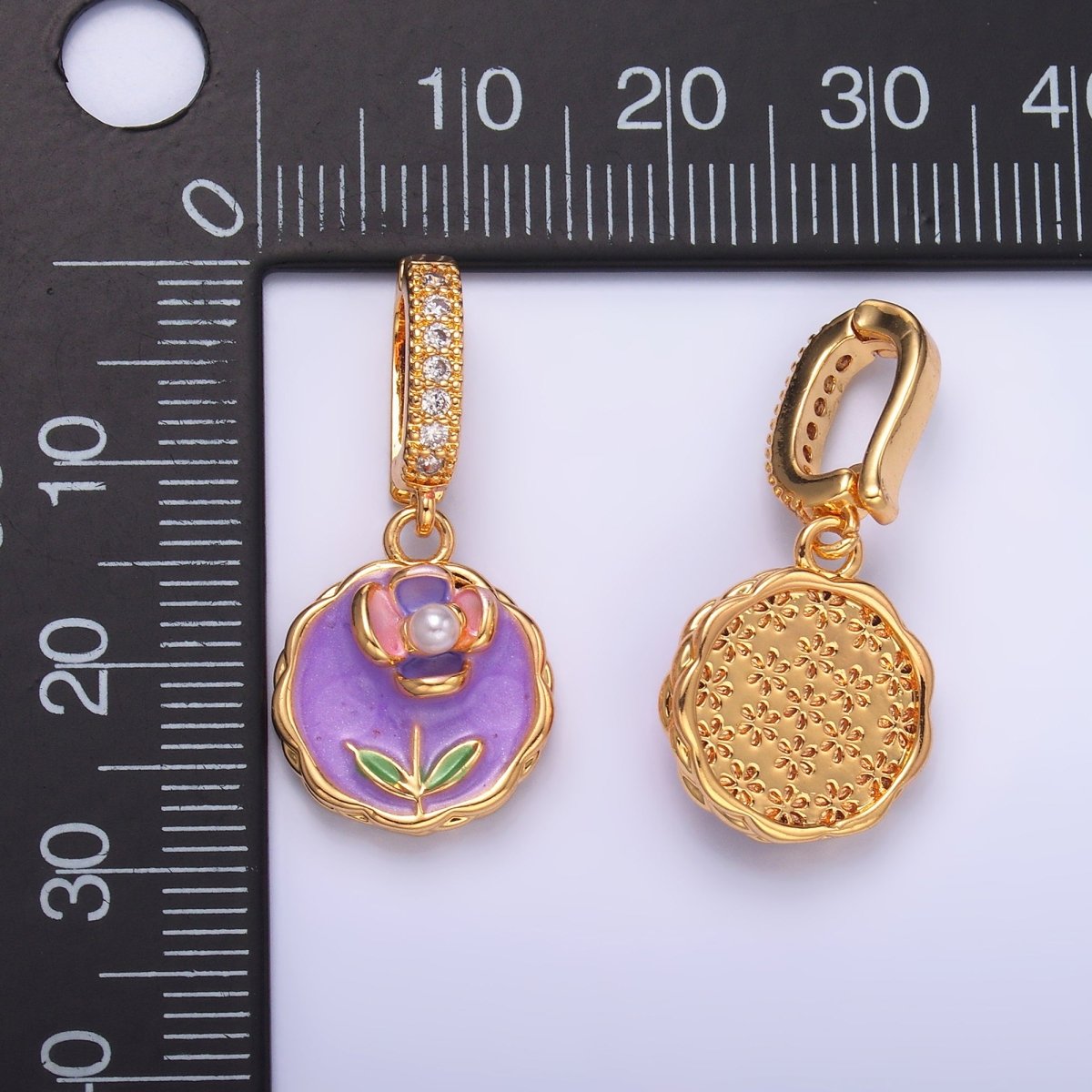24K Gold Filled Green, Purple, Pink Daisy Flower Micro Paved CZ Snap Bail Pendant | AA1442 AA1443